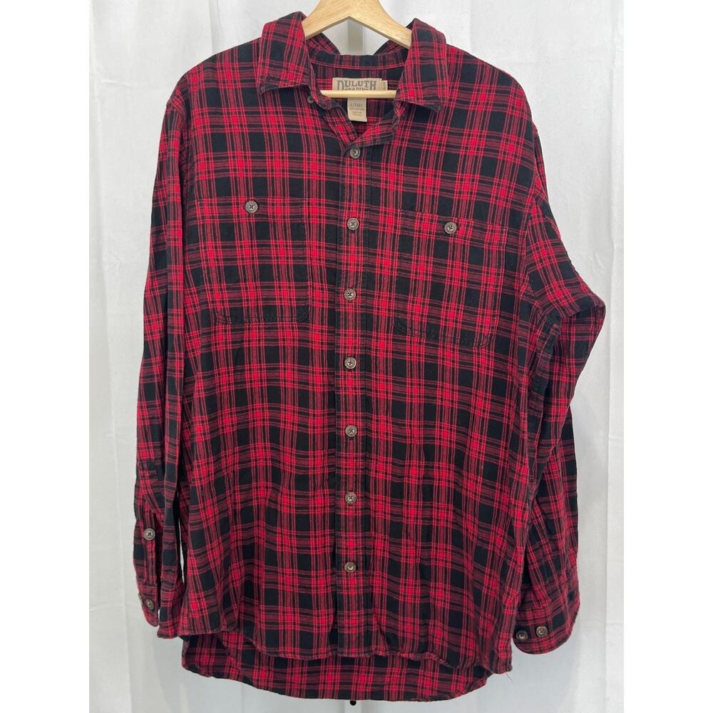 DULUTH Trading Free Swingin Flannel Shirt Trim Fit Button Red Black Mens L Tall